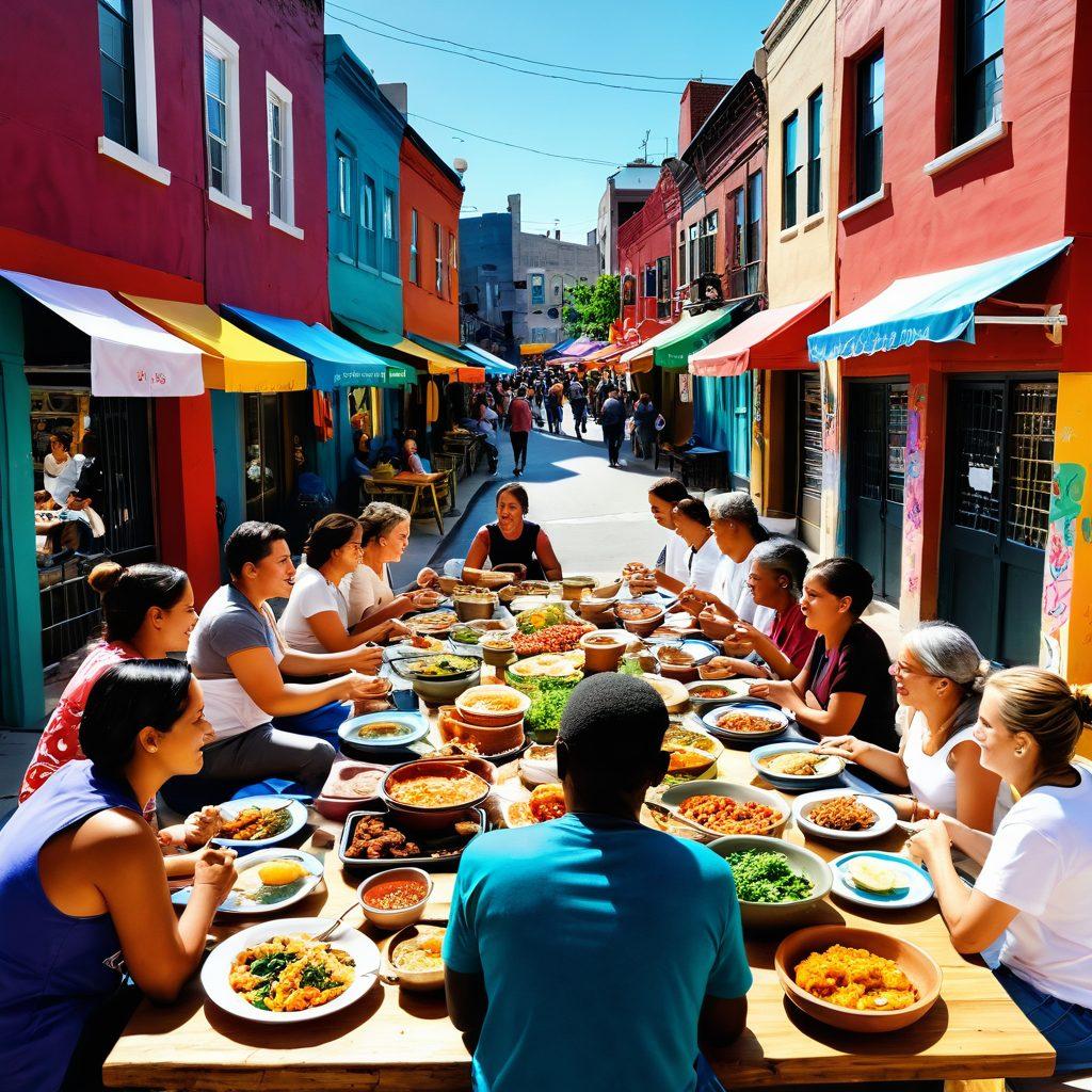 A vibrant neighborhood scene showcasing diverse individuals sharing traditional meals, participating in cultural festivals, and engaging in community activities, surrounded by colorful street art that reflects local heritage. The atmosphere is warm and inviting, filled with laughter and connection among people of different ages and backgrounds. super-realistic. vibrant colors. lively atmosphere.