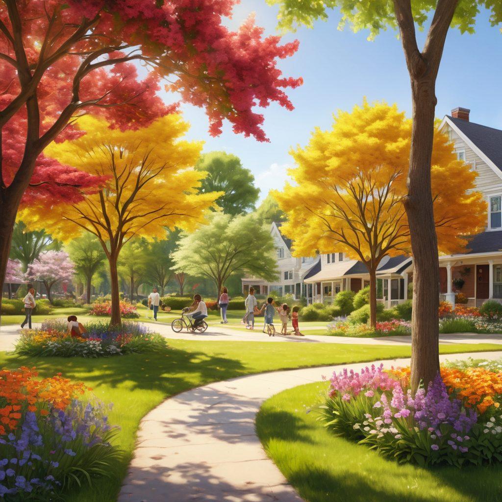 A warm neighborhood scene showcasing diverse families and friends enjoying a sunny day in a park, sharing laughter and building connections. Include children playing, adults chatting joyfully, and trees blooming with vibrant flowers to symbolize growth and affection. The atmosphere should feel inviting and inclusive, highlighting the importance of community bonds. super-realistic. vibrant colors. soft focus.