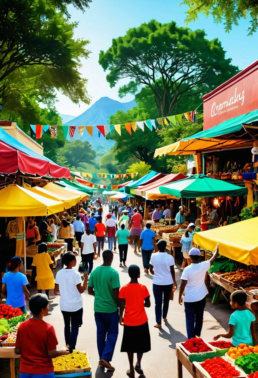 A diverse group of people passionately engaging in community activities, showcasing camaraderie and collaboration. Background features a vibrant local market and lush green surroundings symbolizing unity and kinship. Include banners promoting local initiatives and colorful handmade crafts. super-realistic. vibrant colors. warm tones.
